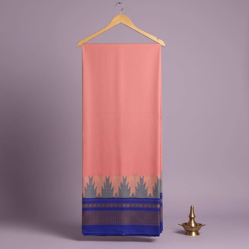 KUBERAN PEACH PINK WITH BLUE COTTON SAREE