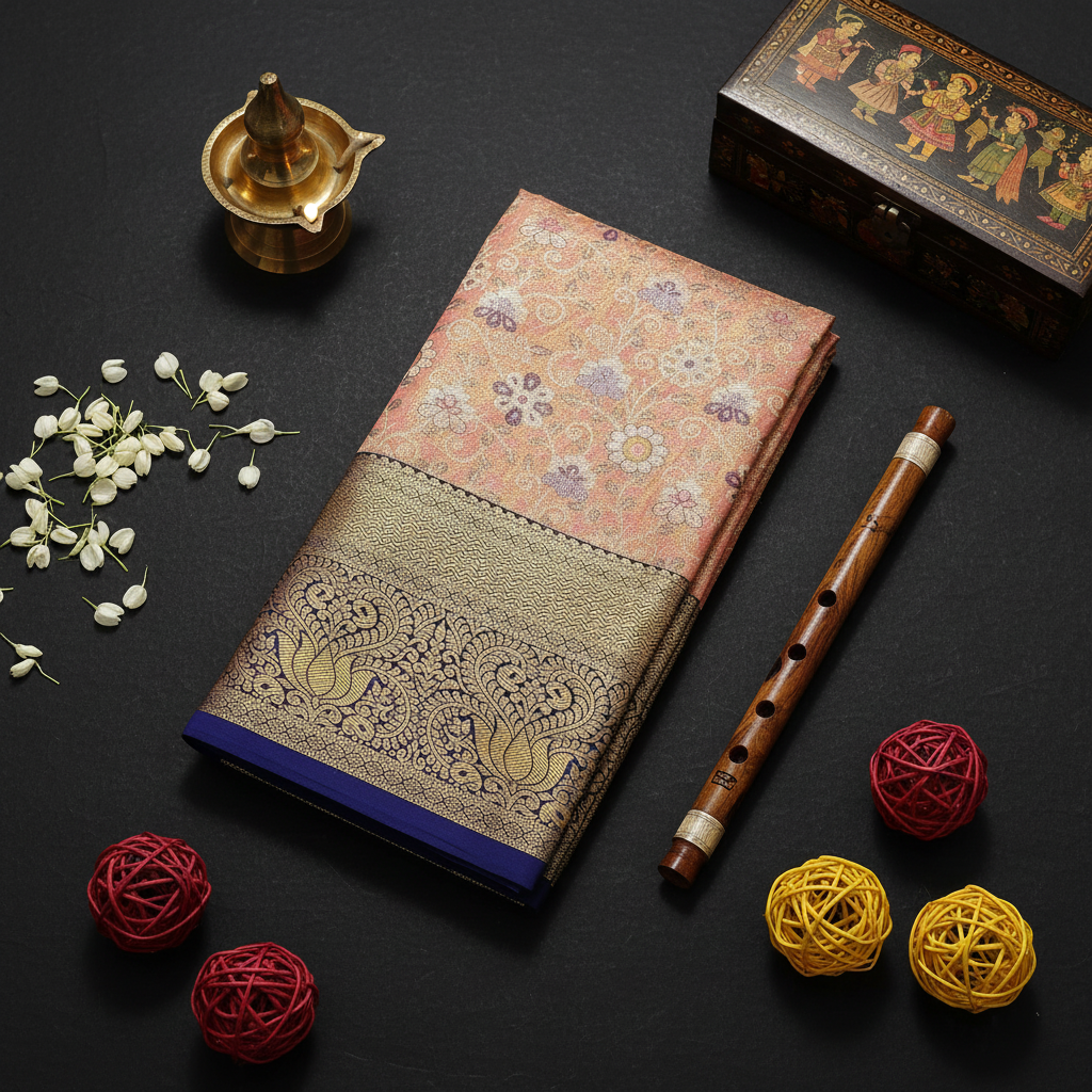 Kuberan Peach Pink Floral with blue border Pavada