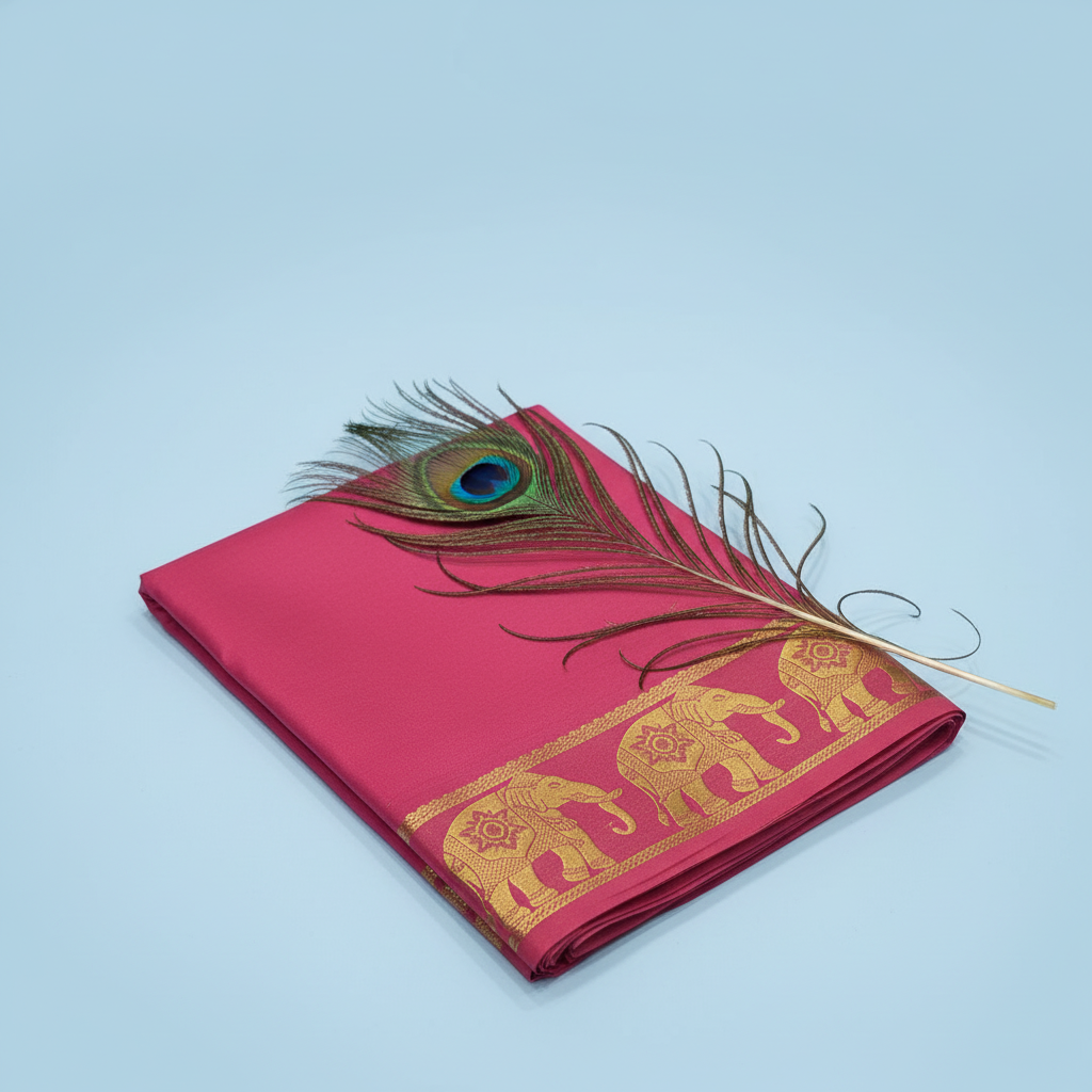 KUBERAN PINK AIRAVAT BORDER PURE CREPE SAREE