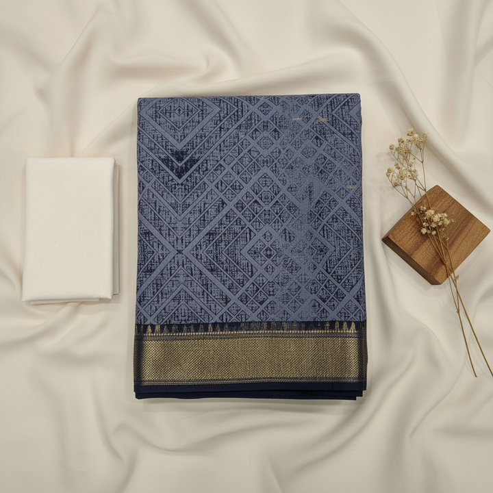 KUBERAN BLUE PRINTED COTTON SAREE