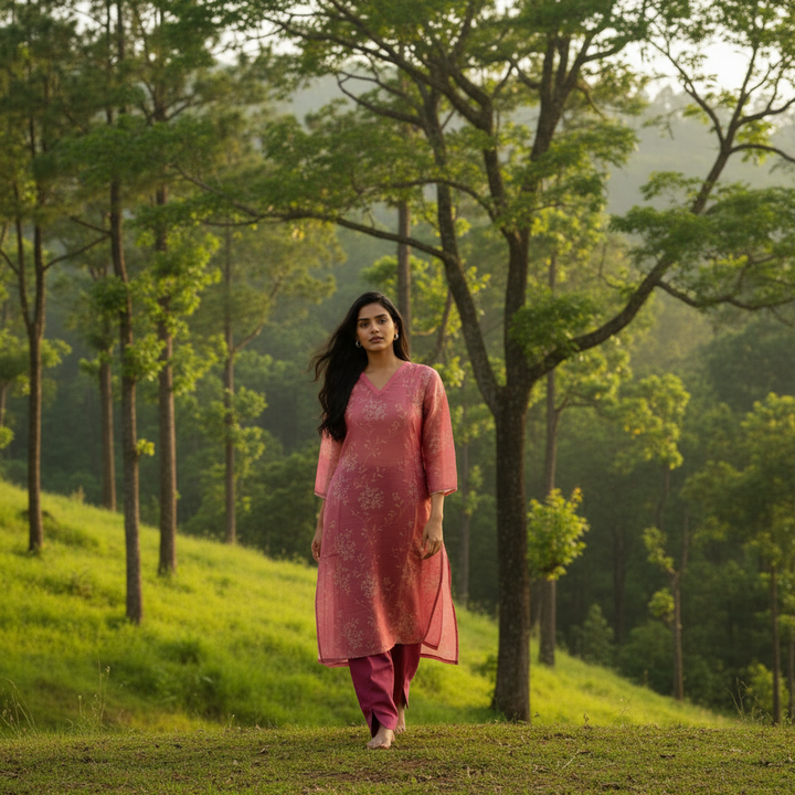 Kuberan Pink Floral Organza Kurta & Salwar Co-ord Set