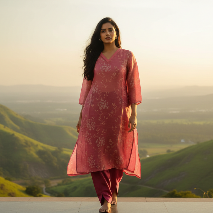 Kuberan Pink Floral Organza Kurta & Salwar Co-ord Set