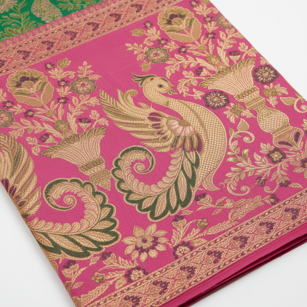 Kuberan Pure Silk Green with Pink Border