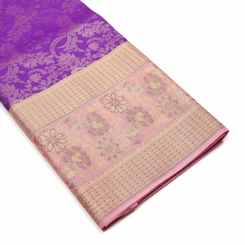 Kuberan Pure Silk Purple Pavada with Pink Golden Border