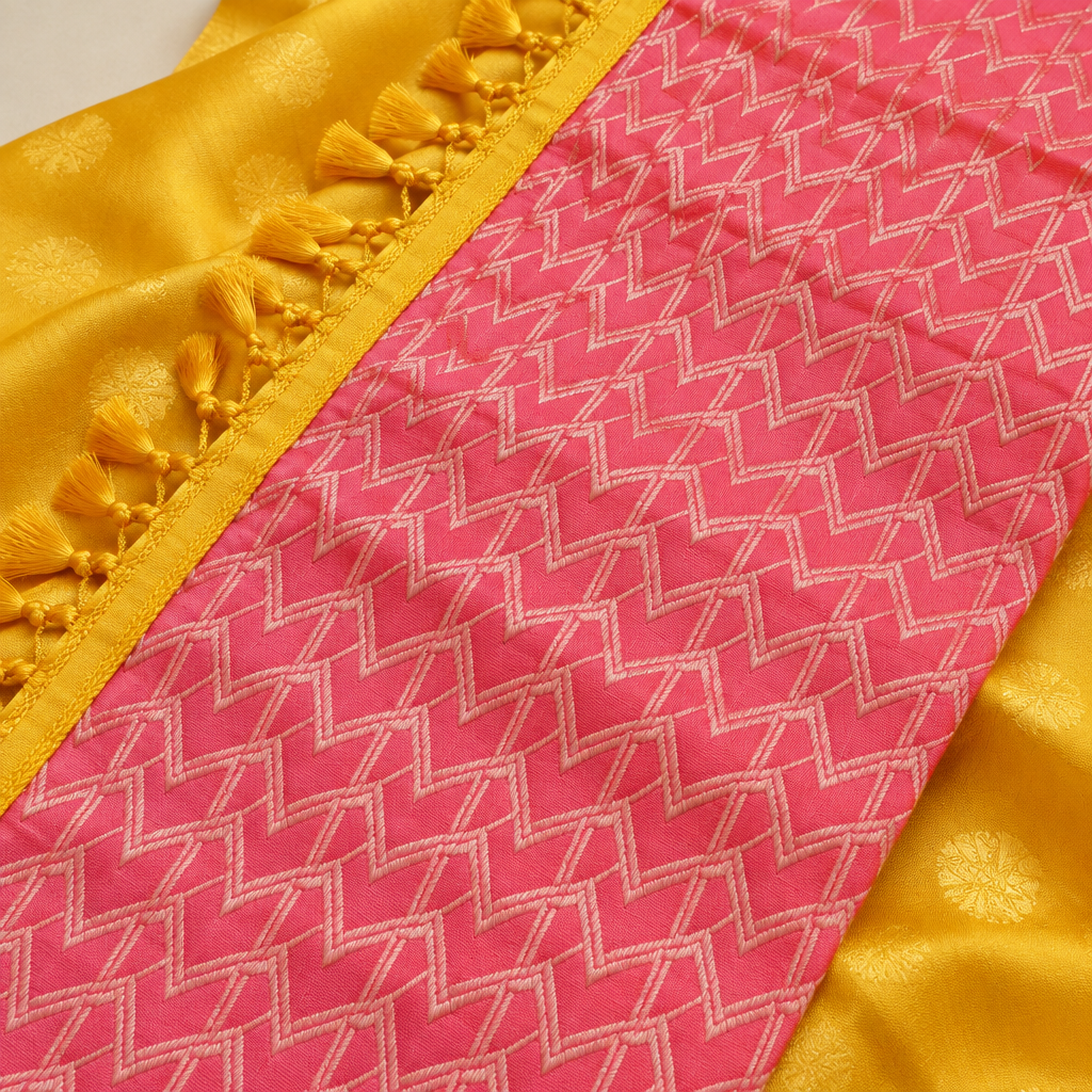Kuberan Golden Yellow and Pink Pure Silk Dress Material with Geometric Motifs