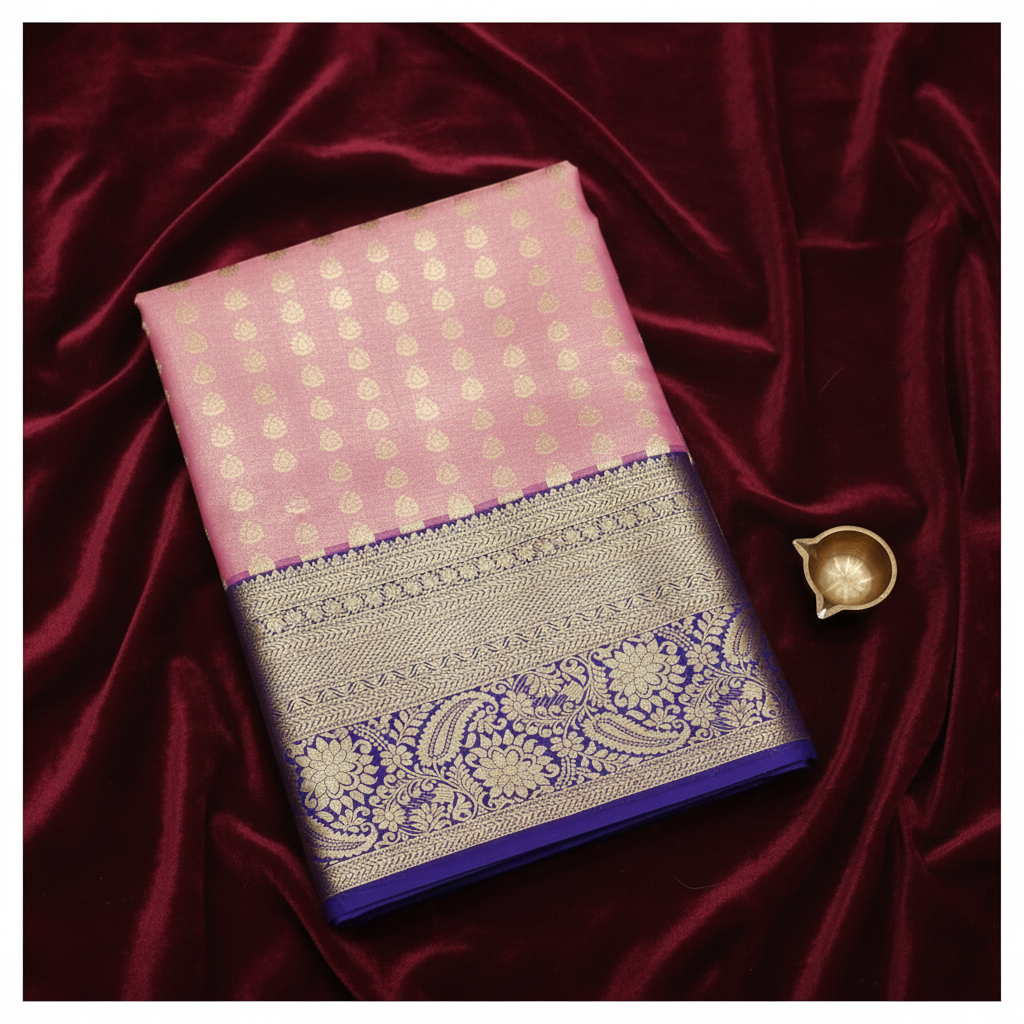 Kuberan Art Silk Pavada – Baby Pink with Royal Blue