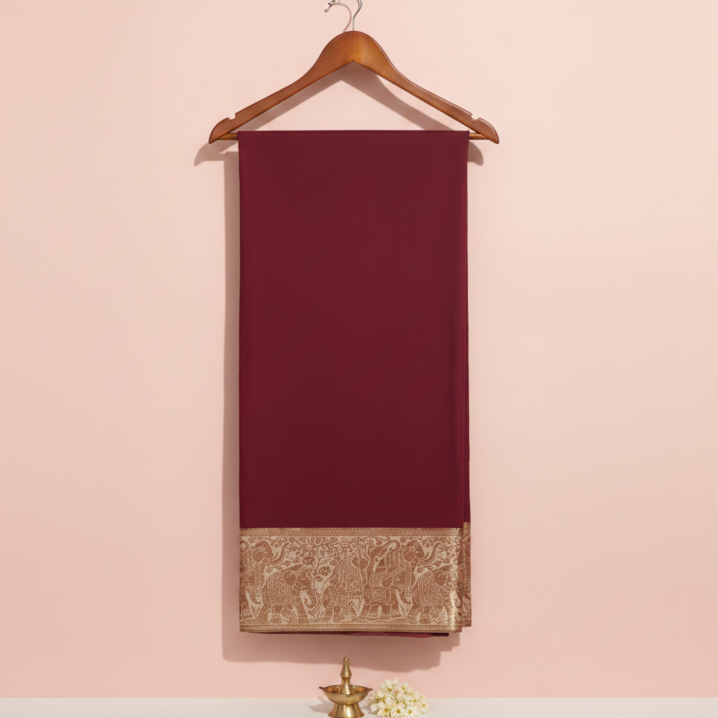 KUBERAN WINE WITH WHITE MYSORE CREPE SILK SAREE