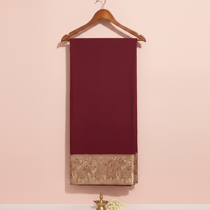 KUBERAN WINE WITH WHITE MYSORE CREPE SILK SAREE