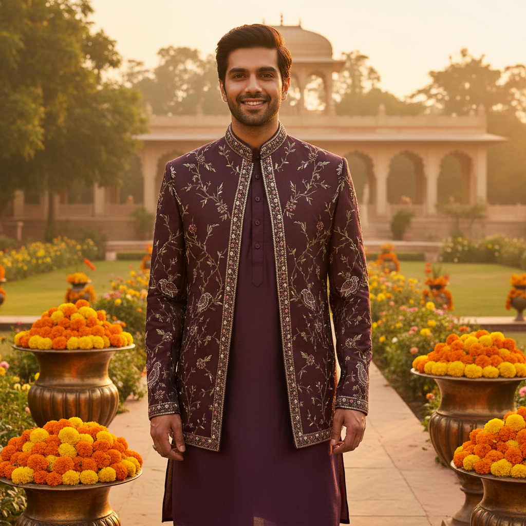 Kuberan Deep Wine Embroidered Indo Western Sherwani
