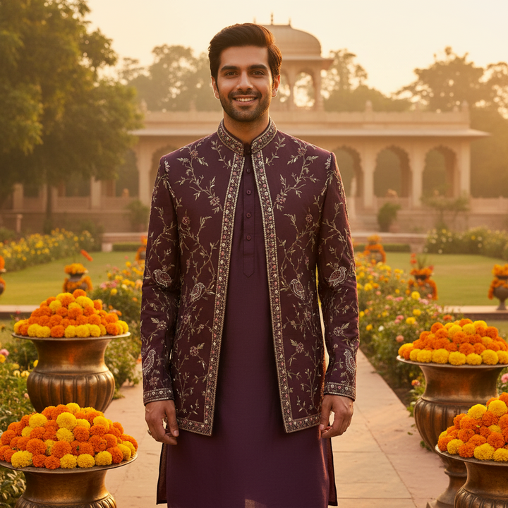 Kuberan Deep Wine Embroidered Indo Western Sherwani