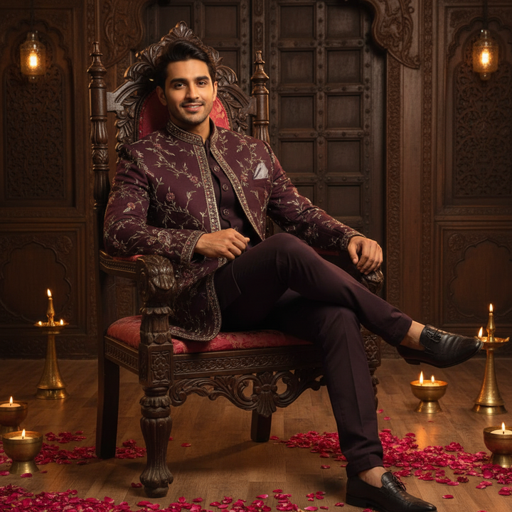 Kuberan Deep Wine Embroidered Indo Western Sherwani