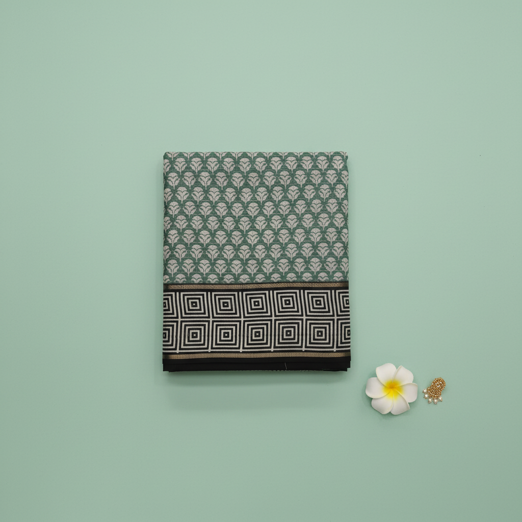 KUBERAN FOREST GREEN PRINTED SEMI SILK SAREE