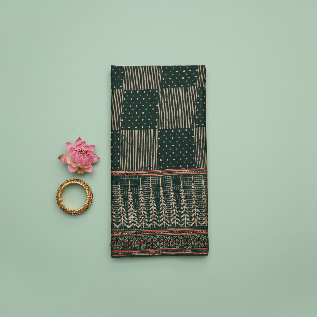 KUBERAN GREEN PRINTED SEMI SILK SAREE