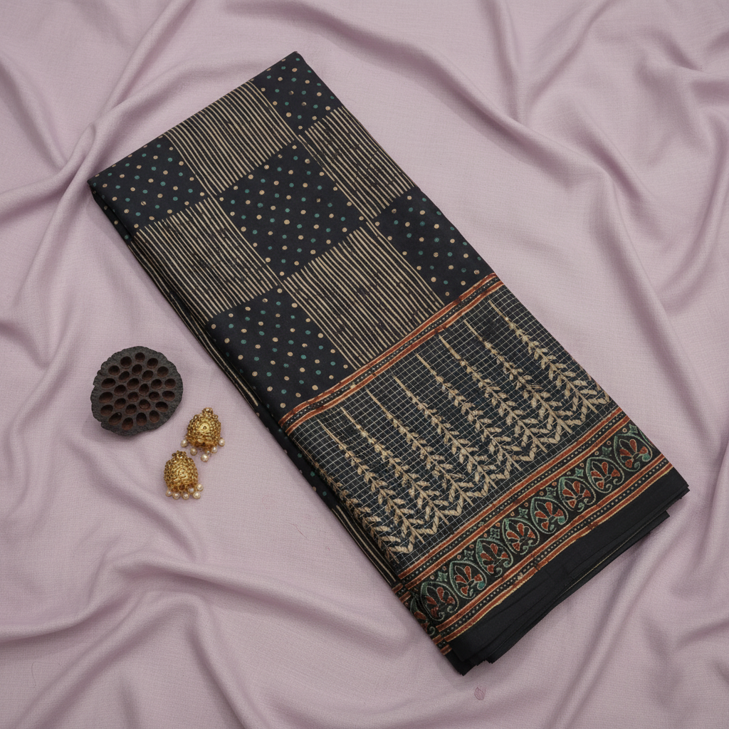 KUBERAN BLUE PRINTED SEMI SILK SAREE