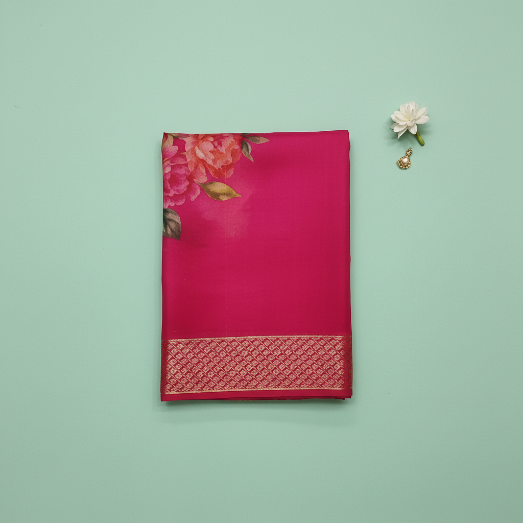 KUBERAN PINK PRINTED CHIFFON SILK SAREE