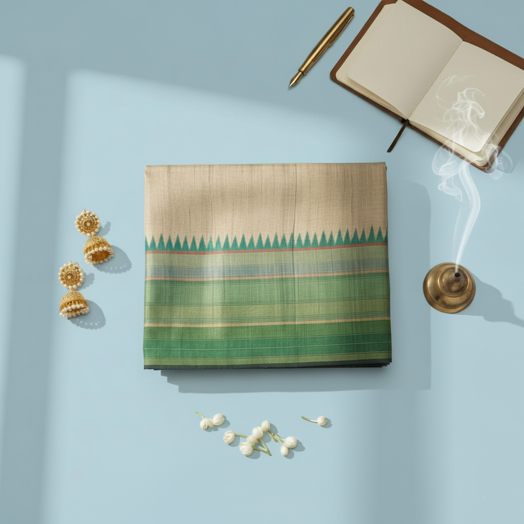 Premium saree with temple border on pastel blue background