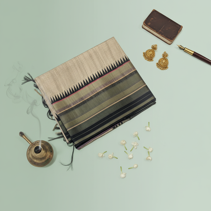 Premium saree with traditional temple border and accessories