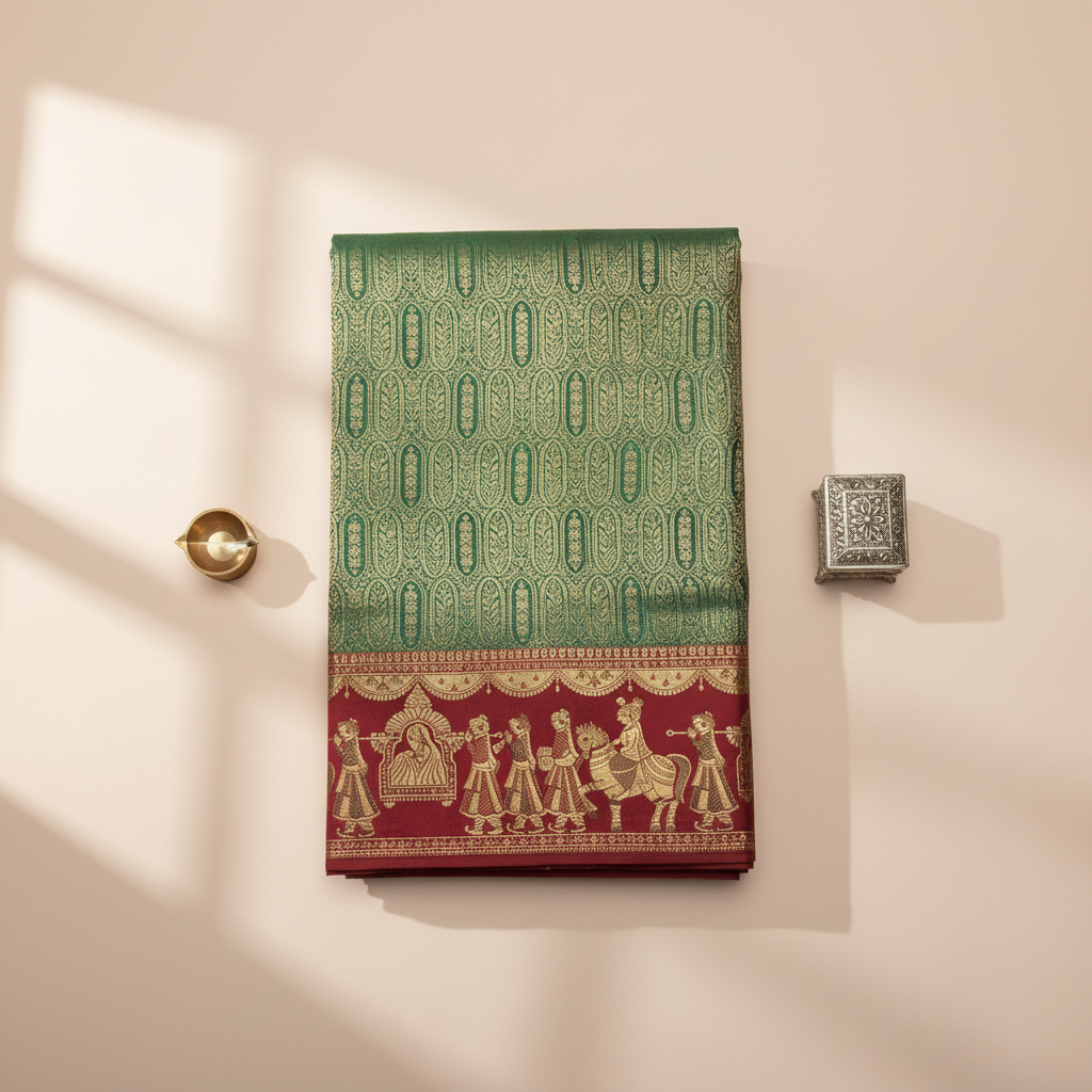 KUBERAN GREEN WITH RED SEMI SILK BROCADE SAREE