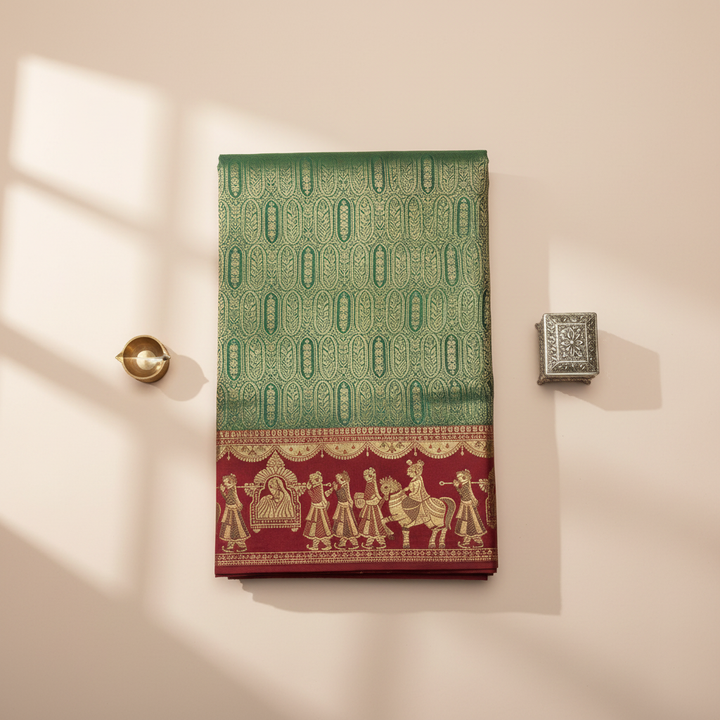 KUBERAN GREEN WITH RED SEMI SILK BROCADE SAREE