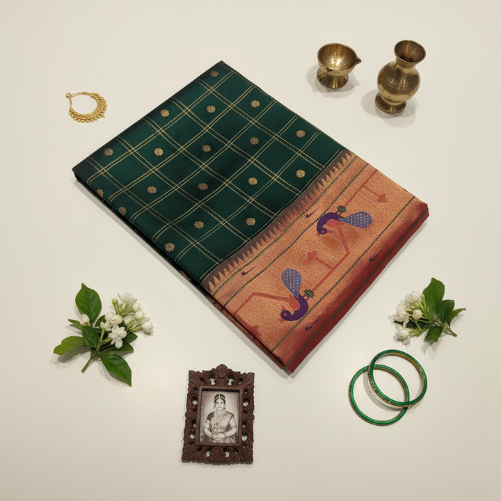 kuberan green Paithani Silk Saree with Peacock Motifs border