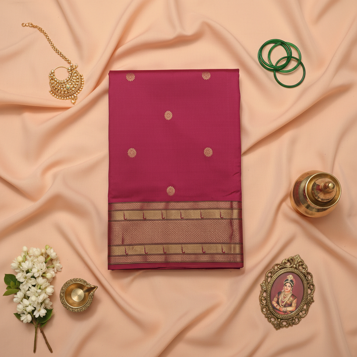 KUBERAN Rose-Pink Paithani silk Saree with Golden Buti and Peacock Pallu