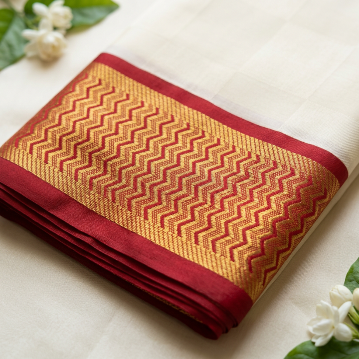 Kuberan Ivory Pure Silk Dhoti with Red &amp; Gold Zari Border