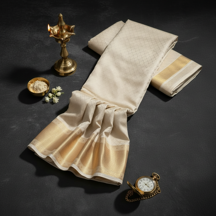 Kuberan Cream Pure Silk Dhoti Gold Zari Border