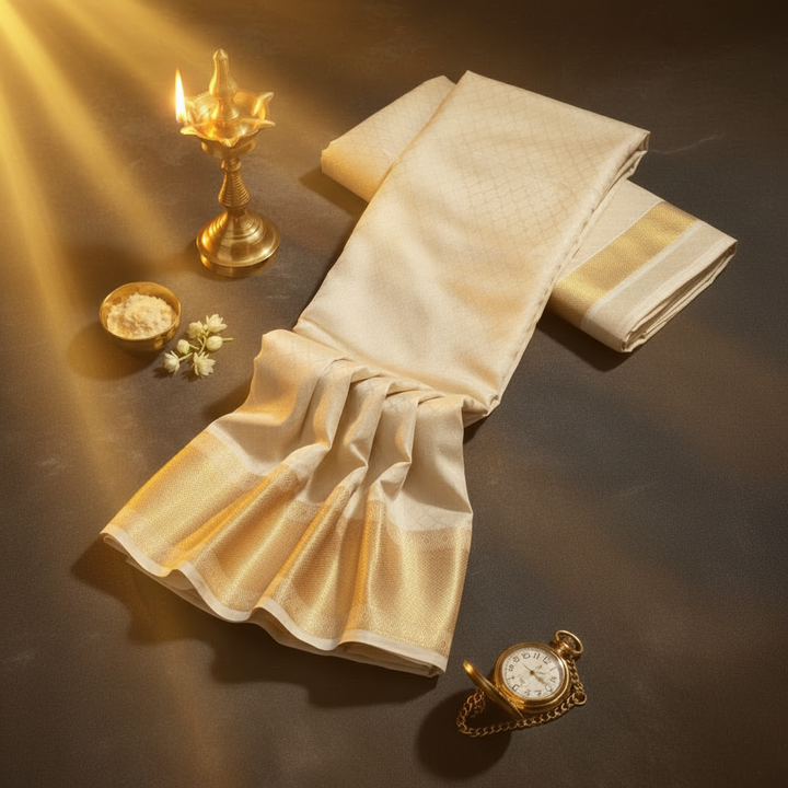 Kuberan Cream Pure Silk Dhoti Gold Zari Border