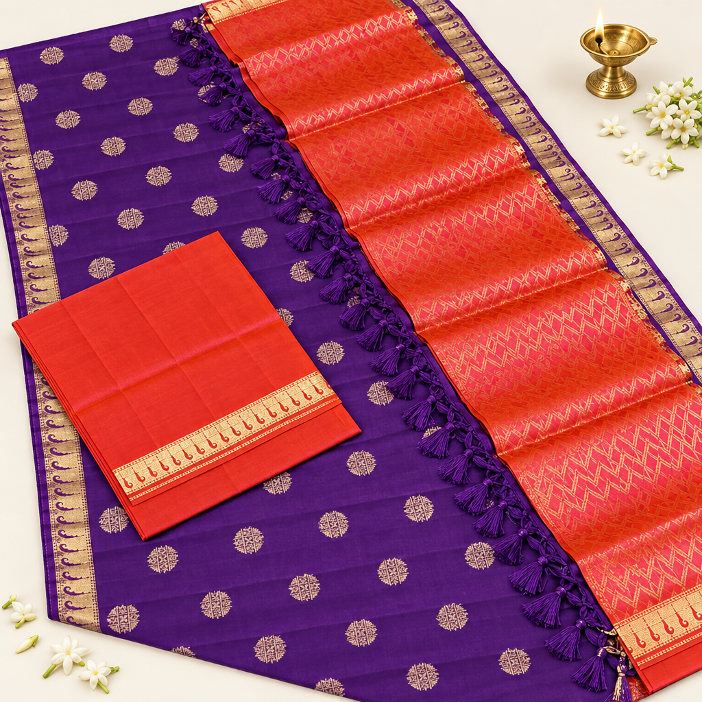 Kuberan Purple Orange Red Dual Colour Pure Silk Dress Material