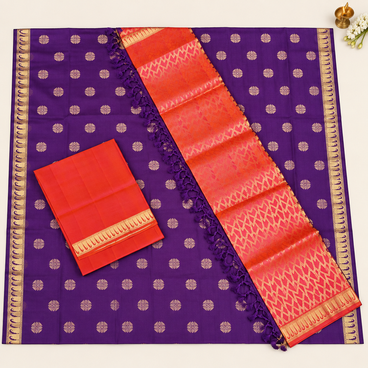 Kuberan Purple Orange Red Dual Colour Pure Silk Dress Material