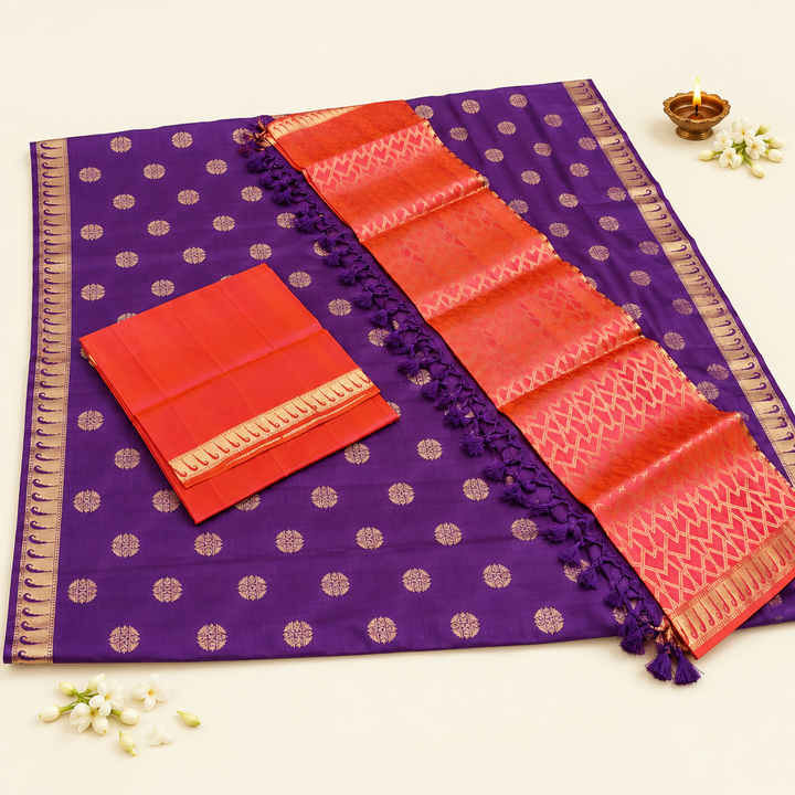 Kuberan Purple Orange Red Dual Colour Pure Silk Dress Material