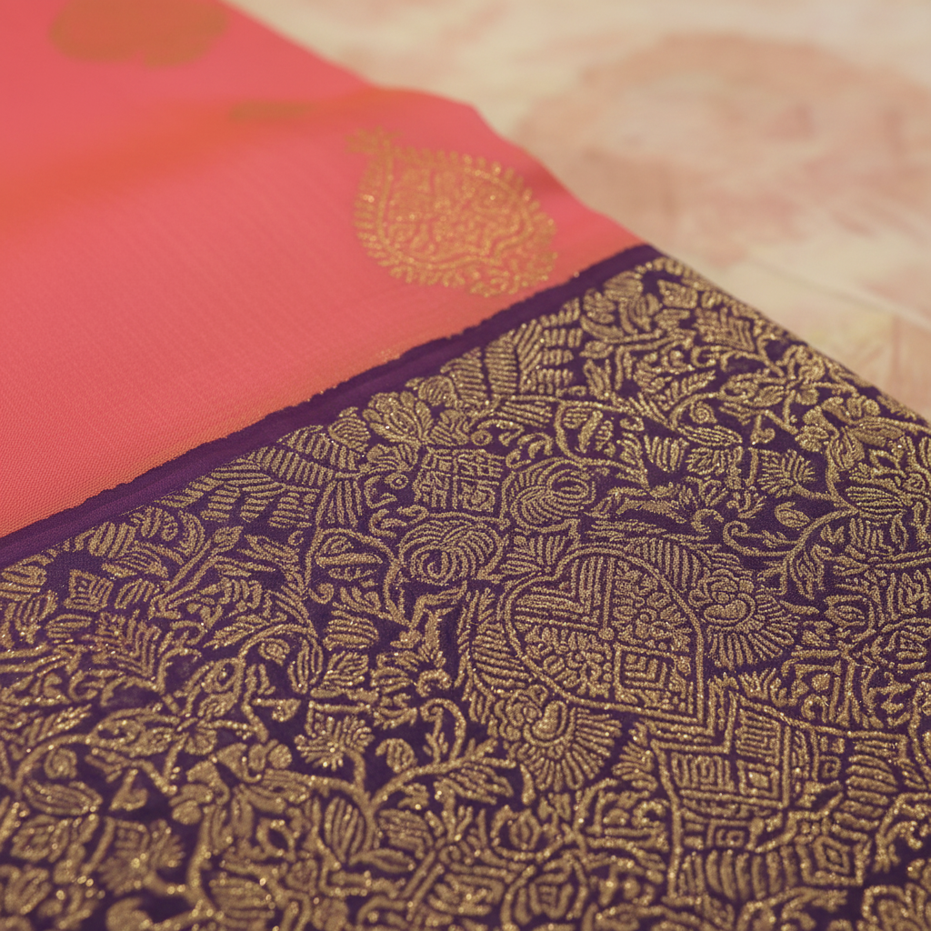 KUBERAN PINK AND NAVY BLUE PURE KANCHIPURAM SILK SAREE