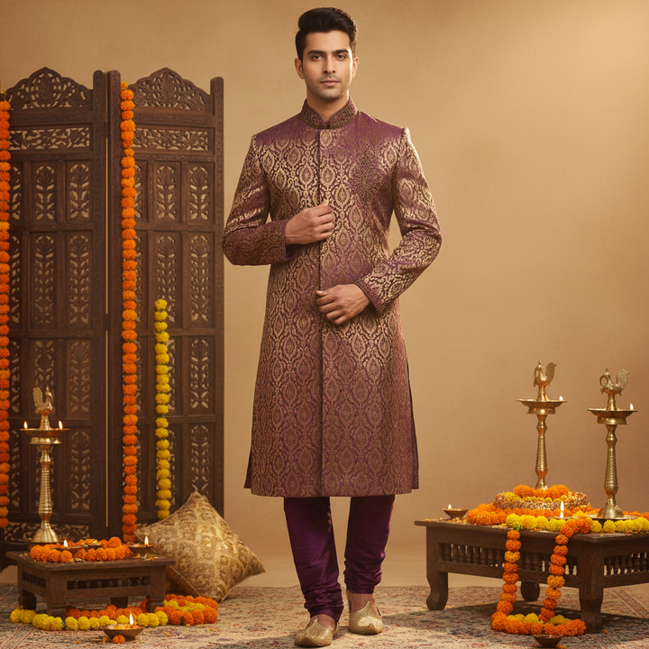 Kuberan Purple Gold Brocade Kurta Pyjama Set