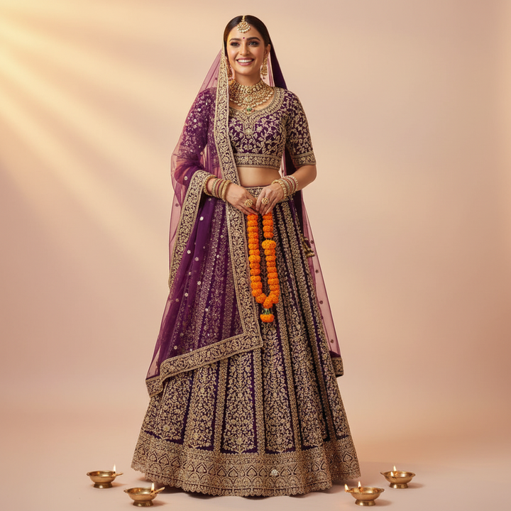 Kuberan Royal Purple Zari Embroidered Bridal Lehenga