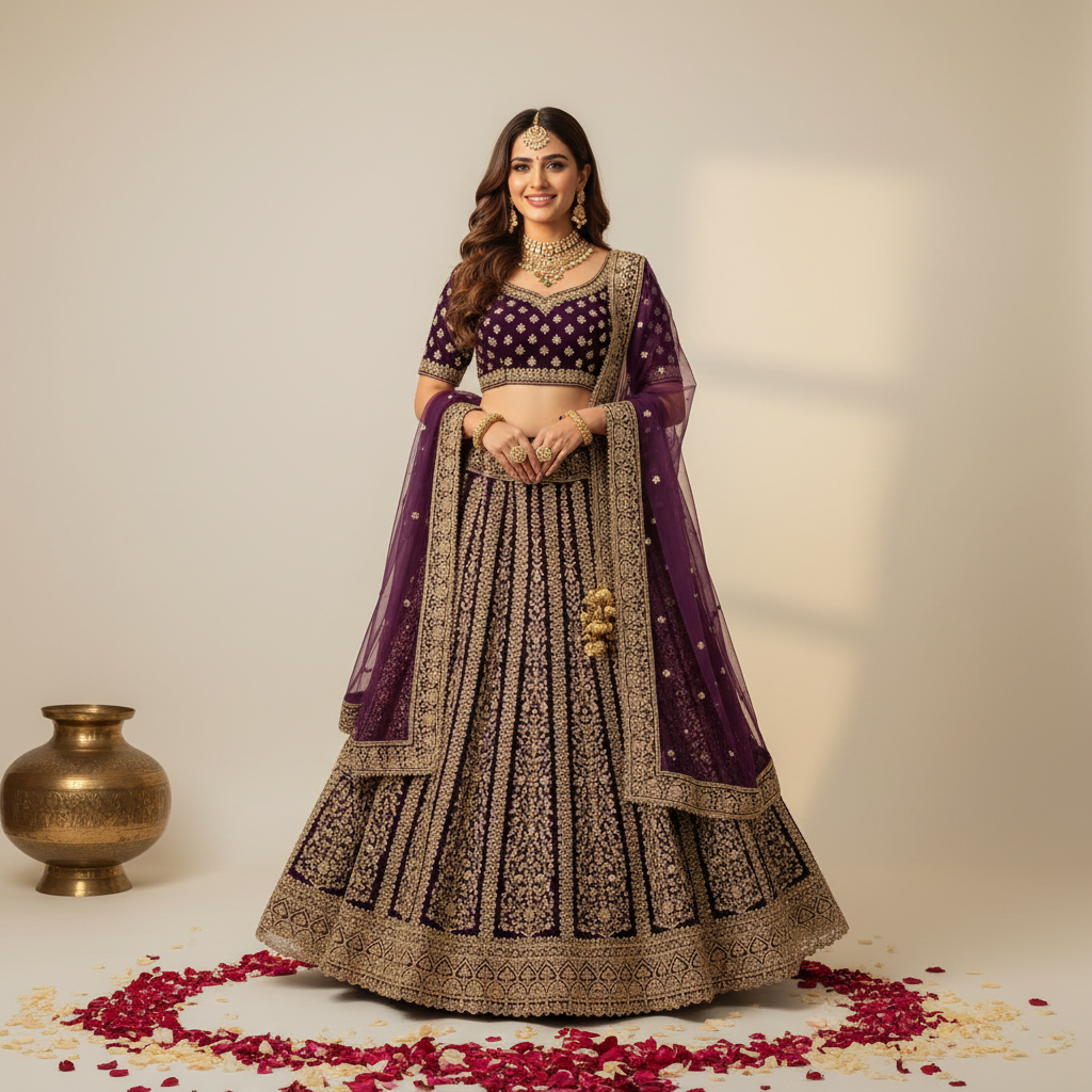 Kuberan Royal Purple Zari Embroidered Bridal Lehenga