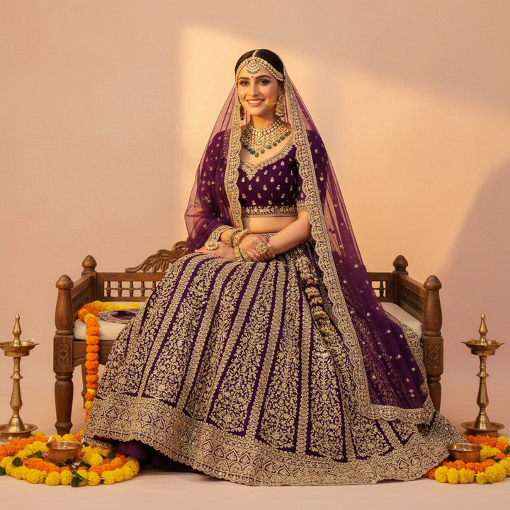 Kuberan Royal Purple Zari Embroidered Bridal Lehenga