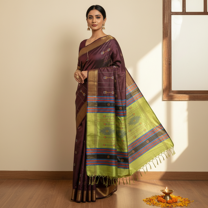 Purple & Lime Green Saree — Model Drape