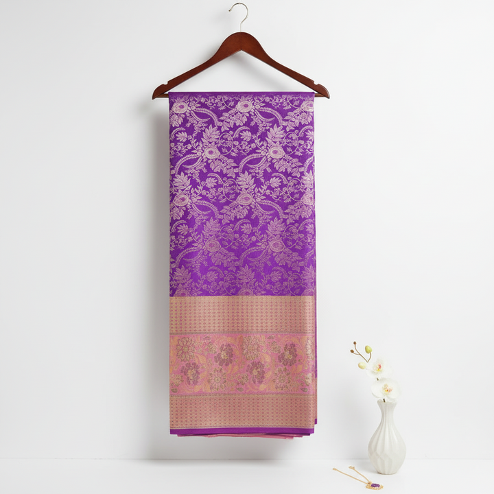 Kuberan Pure Silk Purple Pavada with Pink Golden Border
