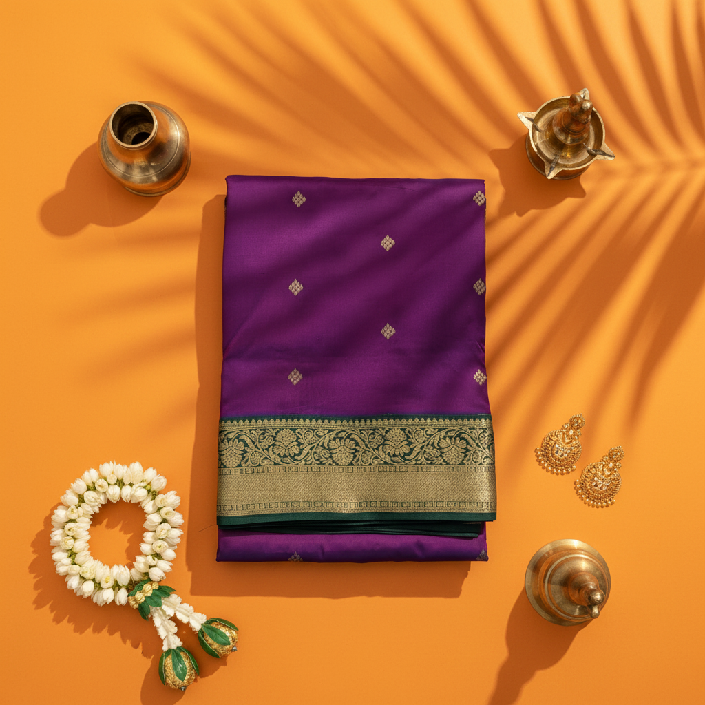 kuberan Silk 9 Yards Saree - Royal Purple with Green Zari Border