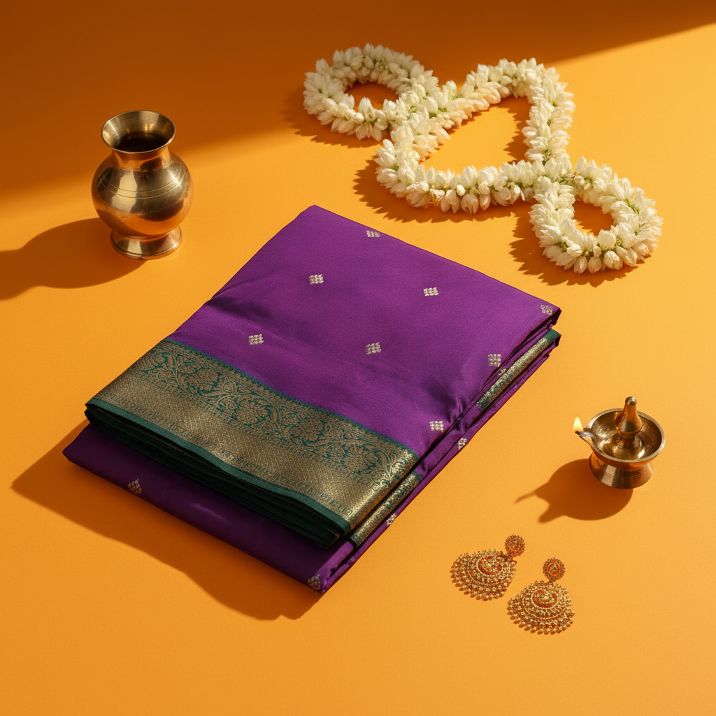 kuberan Silk 9 Yards Saree - Royal Purple with Green Zari Border