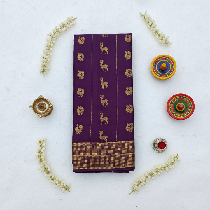 kuberan Purple with Deer and Peacock Motifs Mysore Silk Saree