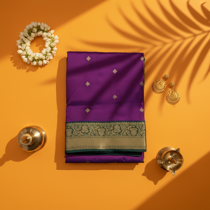 kuberan Silk 9 Yards Saree - Royal Purple with Green Zari Border