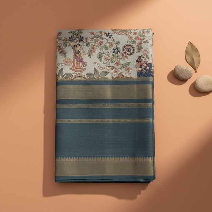 KUBERAN GREY BLUE SEMI TUSSAR SILK SAREE