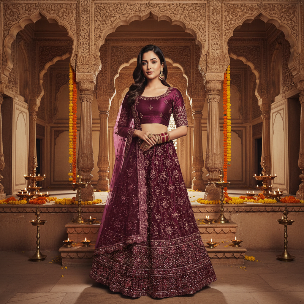 Kuberan Wine Burgundy Semi Bridal Semi Stitched Lehenga.