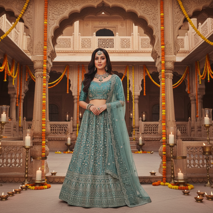 Kuberan Teal Blue Semi Bridal Semi Stitched Lehenga .
