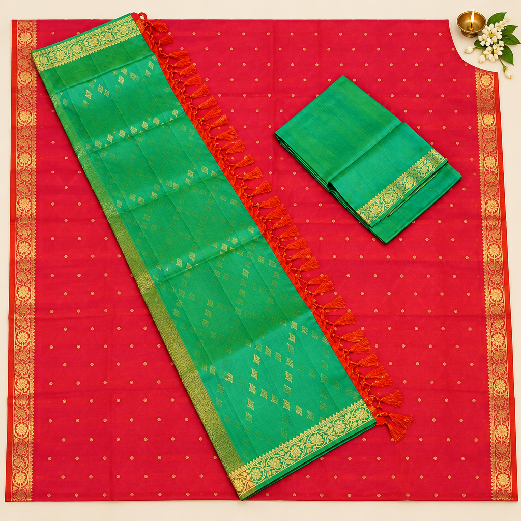Kuberna  Red Dual Colour Green Pure Silk Dress Material -