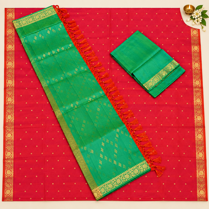Kuberna  Red Dual Colour Green Pure Silk Dress Material -