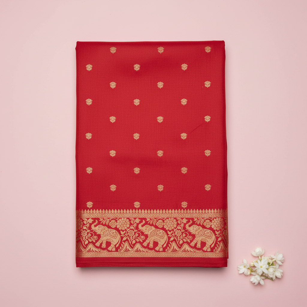 KUBERAN RED MASHRU SEMI BANARASI SILK SAREE