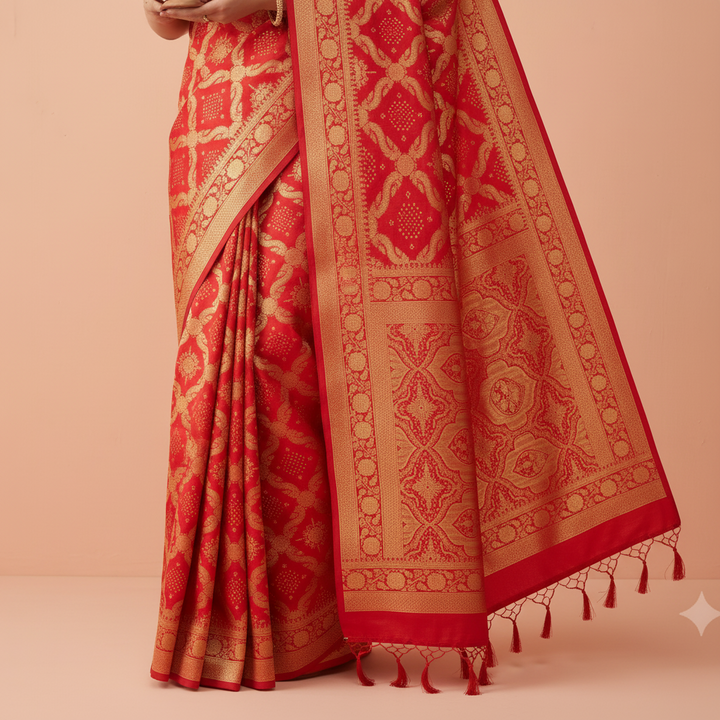 Kuberan Red Bandhani Brocade Fancy Saree