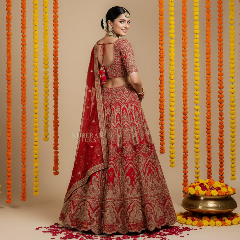 KUBERAN UNSTITCHED EMBROIDERY RED LEHENGA